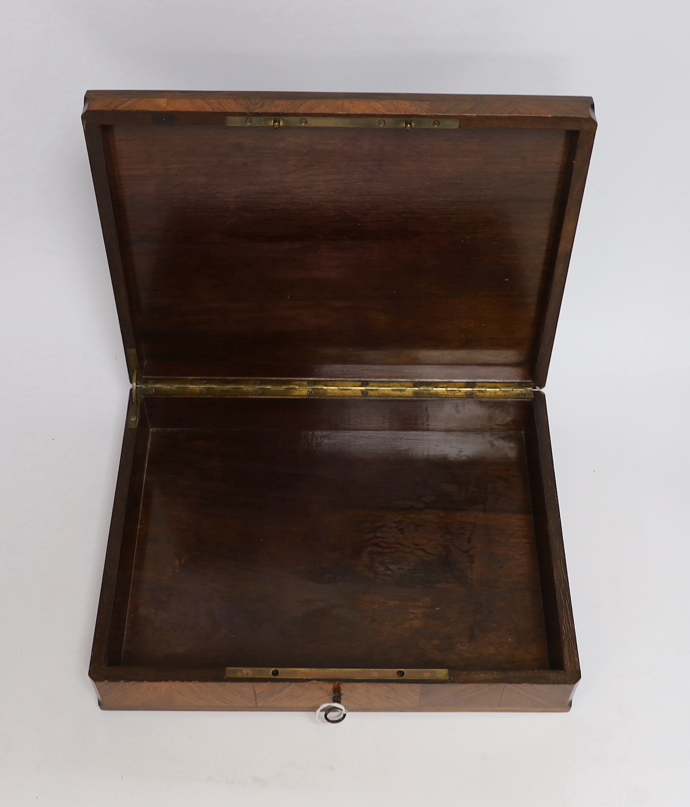 A Victorian calamander writing slope, 40.5cm wide, 24cm deep, 13cm high, together with a French rosewood box, 31cm wide, 24cm deep, 7cm high Submission reference 7FFVMS95